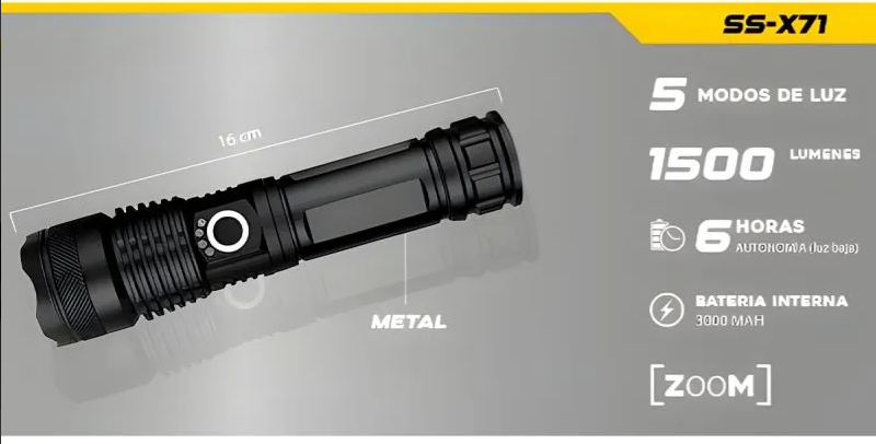 LINTERNA TACTICA LEXUS 1500 LUMENS 5 FUNCIONES