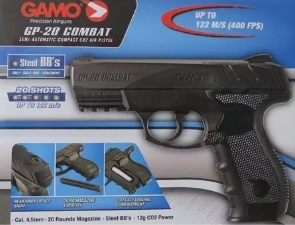 PISTOLA MARCA GAMO GP-20 COMBAT CAL. 4.5 CO2 20 TIROS