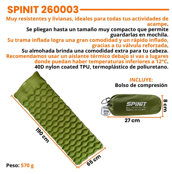 COLCHONETA INFLABLE ULTRA LIVIANA CON ALMOHADA SPINIT VERDE