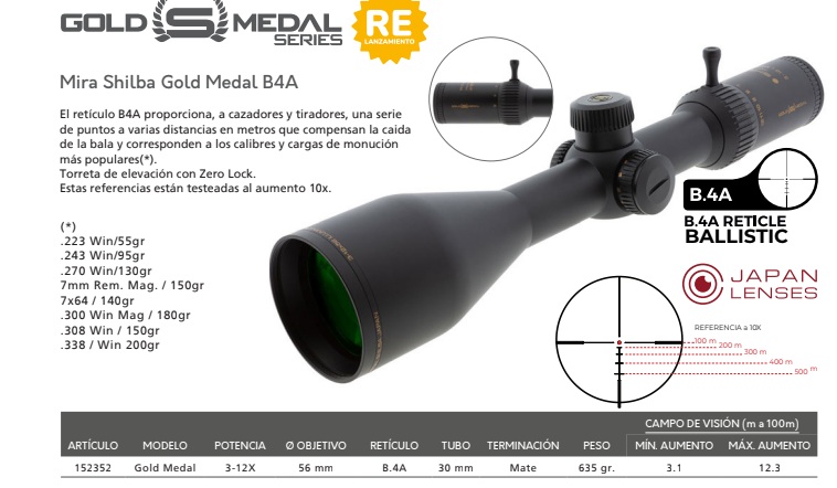 MIRA TELESCOPICA SHILBA GOLD MEDAL 3-12X56 B4A