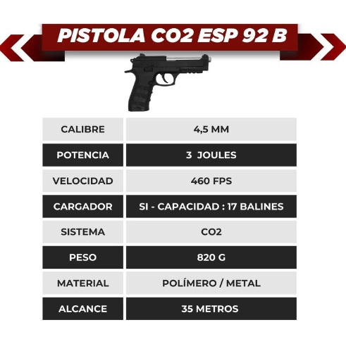 PISTOLA EKOL ES P92B BLACK CO2 BLOWBACK CON ESTUCHE