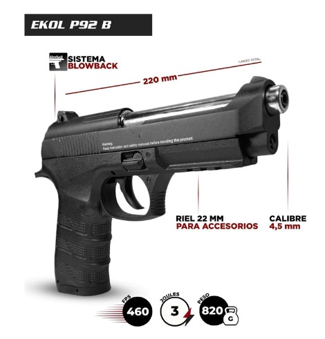 PISTOLA EKOL ES P92B BLACK CO2 BLOWBACK CON ESTUCHE
