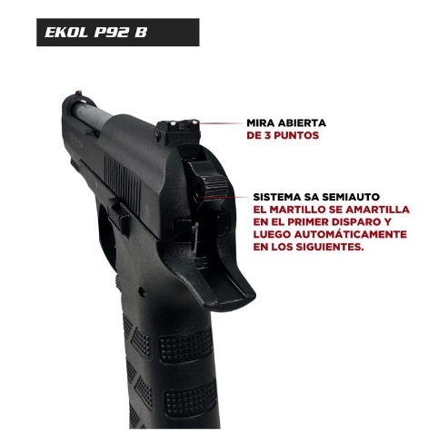 PISTOLA EKOL ES P92B BLACK CO2 BLOWBACK CON ESTUCHE