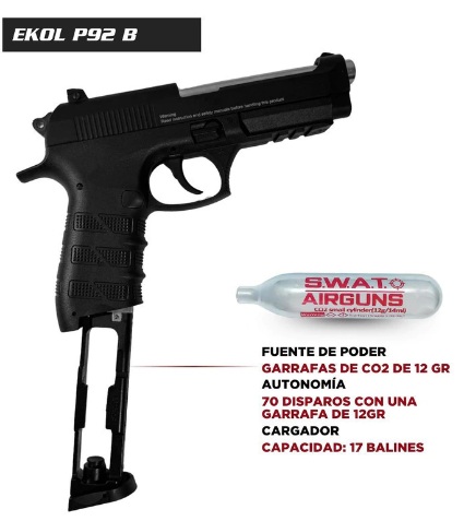 PISTOLA EKOL ES P92B BLACK CO2 BLOWBACK CON ESTUCHE