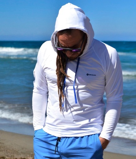 REMERA ORIGAMI CON CAPUCHA UNISEX PROTECCION UPF50 BLANCA